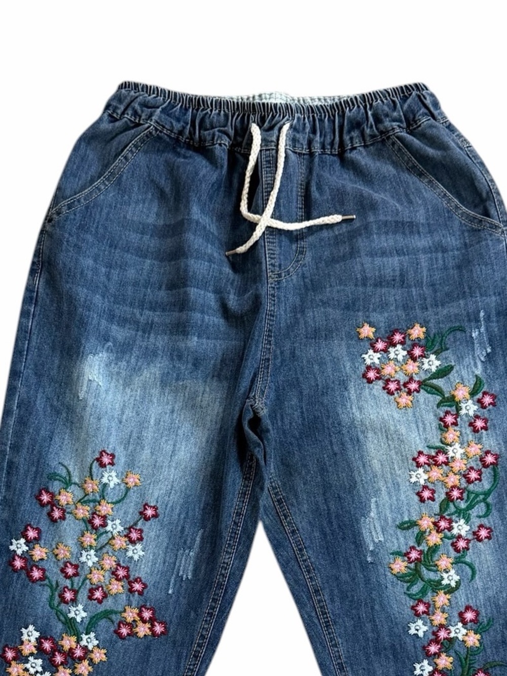 Aitailan Floral Embroidery Elastic Waist High Rise Boyfriend Crop Jeans‎ Large - Picture 5 of 10